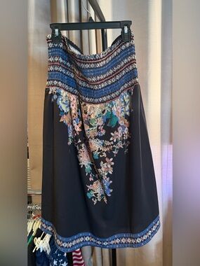 Flying Tomato Black Midi Skirt with Blue and Pink Floral Embroidery